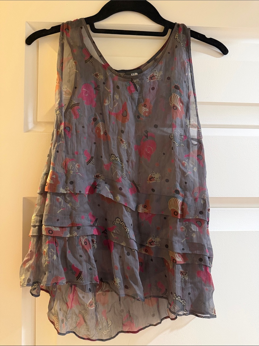 Sheer Gray Tiered Camisole with Pink Floral Accents